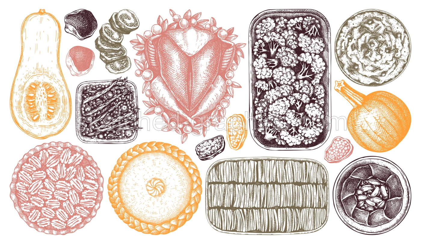 Thanksgiving day traditional dishes illustrations in color. Roasted turkey, cooked vegetables, rolled meat, pumpkin, cakes sketches. Vintage autumn food for Thanksgiving day dinner.  Illustration